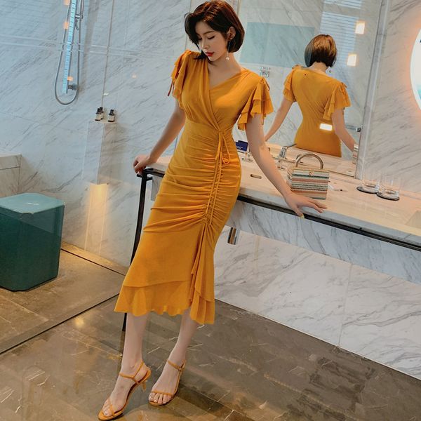 new arrival fashion party women elegant summer ruffle sleeve v-neck simple temperament office lady orange mermaid dress wknz, White;black